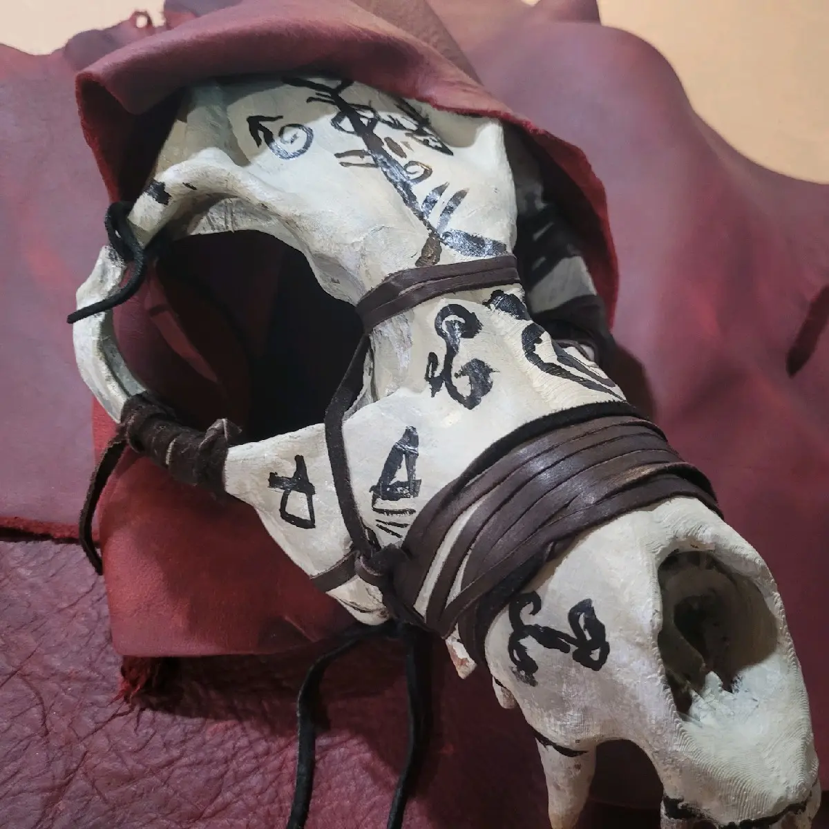 Shamanic Bone Mask with Ogham Writings and Primal Element Symbols for Cosplay and Altar