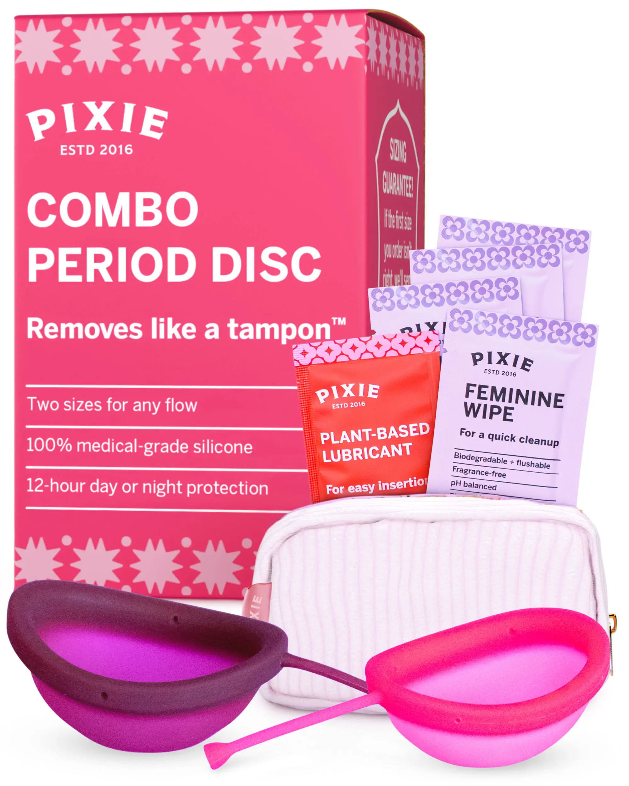 Pixie 2 Menstrual Discs for Feminine Care - 100% Medical-Grade Silicone - Ranked 1 for Softest Reusable Period Disc - Removes Like a Tampon - Wear 12 Hours - Capacity of 5 and 7 Tampons