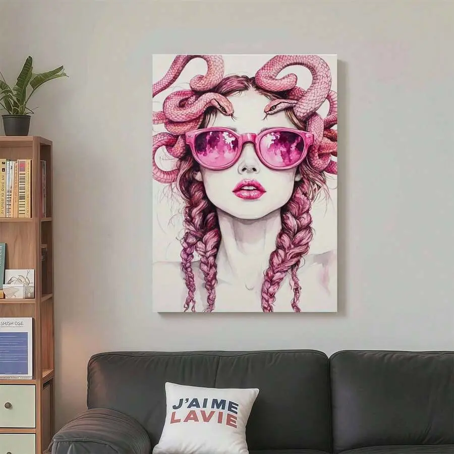 Framed Canvas Poster Print Wall Art Retro Medusa Wall Art With Pink Glasses Powerful Feminists Printed Modern Medusa Posters Greek Mythology Decorative Art
