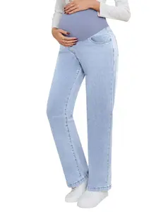 Women's Maternity Jeans Straight Leg Relaxed Fit Over Belly Pregnancy Denim Work Pants Maternity Clothes With Pockets