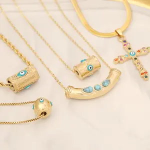 vibecharm Enamel Eye Long Chain Cylinder Necklace - Turquoise Aesthetic Tube Pendant, Waterproof Gold-Tone Cross Amulet, Spiritual Manifestation Daily Wear Adult Costume Jewelry