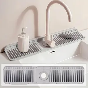 23.6 inch Silicone Faucet Mat for Kitchen Sink - 6° Slope & Fasten Button Design, Quick-Dry Splash Guard Water Catcher Behind Faucet, RV/Bathroom Safe (Gray)