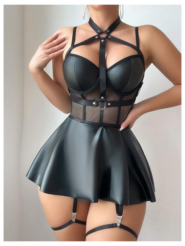 Women's Soft PU Leather Underwired Halter Nightdress - 1-Piece Hollow-Out Flared Lingerie with Belt, Polyester Blend, Short Length, Mesh Criss-Cross, Contrast Mesh Adds Edge, Breathable, Body-Highlighting Cut, Garter Belt, Valentine's Day Party Wear