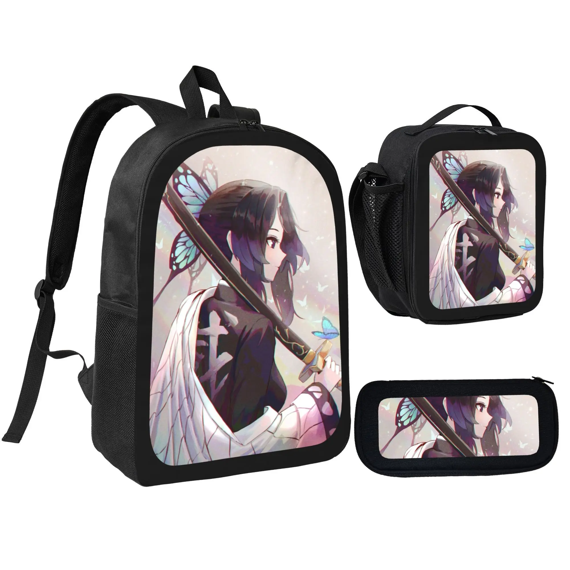 3 Pcs School Backpack Set, Anime Samurai Girl Blue Butterfly Print Backpack, Insulated Lunch Bag & Pencil Case, Lightweight Waterproof Student Daypack with Adjustable Straps