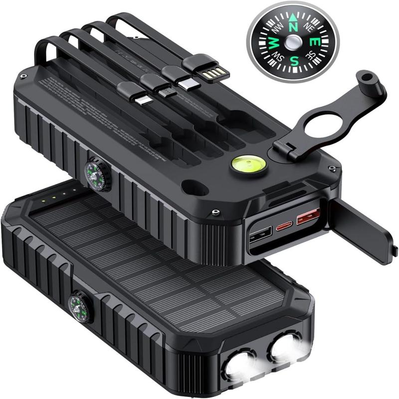 Solar Charger Power Bank 40000mAh Built in 4 Cables and Hand Crank, Portable Charger 22.5W Fast Charger 6 Outputs & 4 Inputs External Battery Pack with Bright Flashlight and Compass