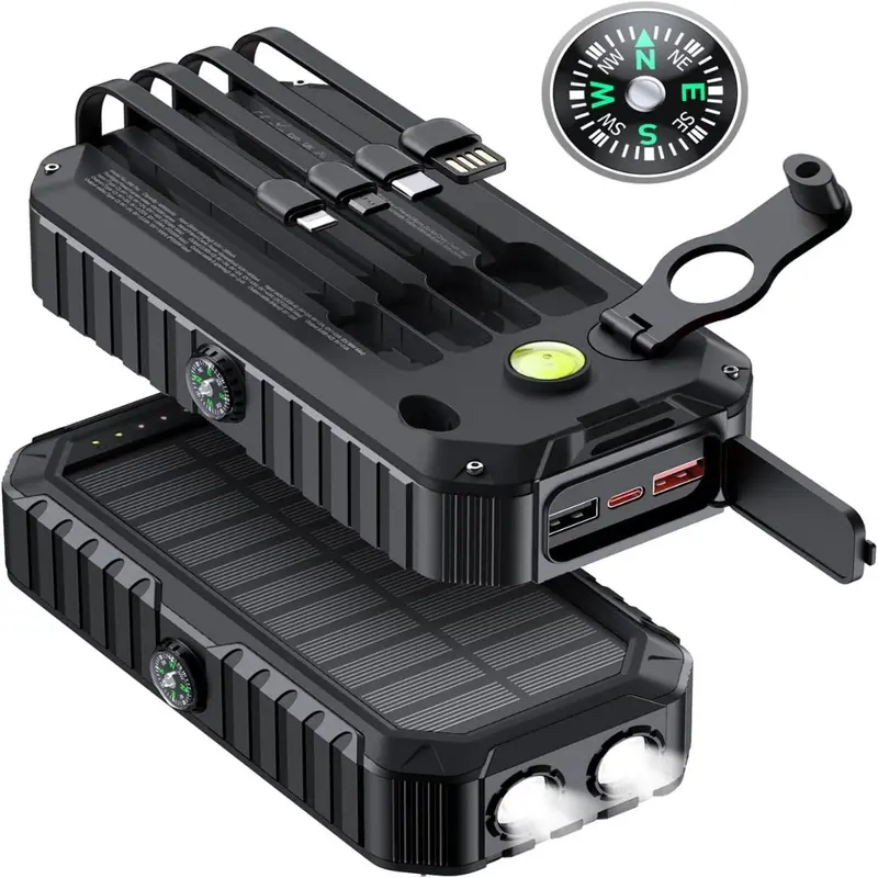 Solar Charger Power Bank 40000mAh Built in 4 Cables and Hand Crank, Portable Charger 22.5W Fast Charger 6 Outputs & 4 Inputs External Battery Pack with Bright Flashlight and Compass