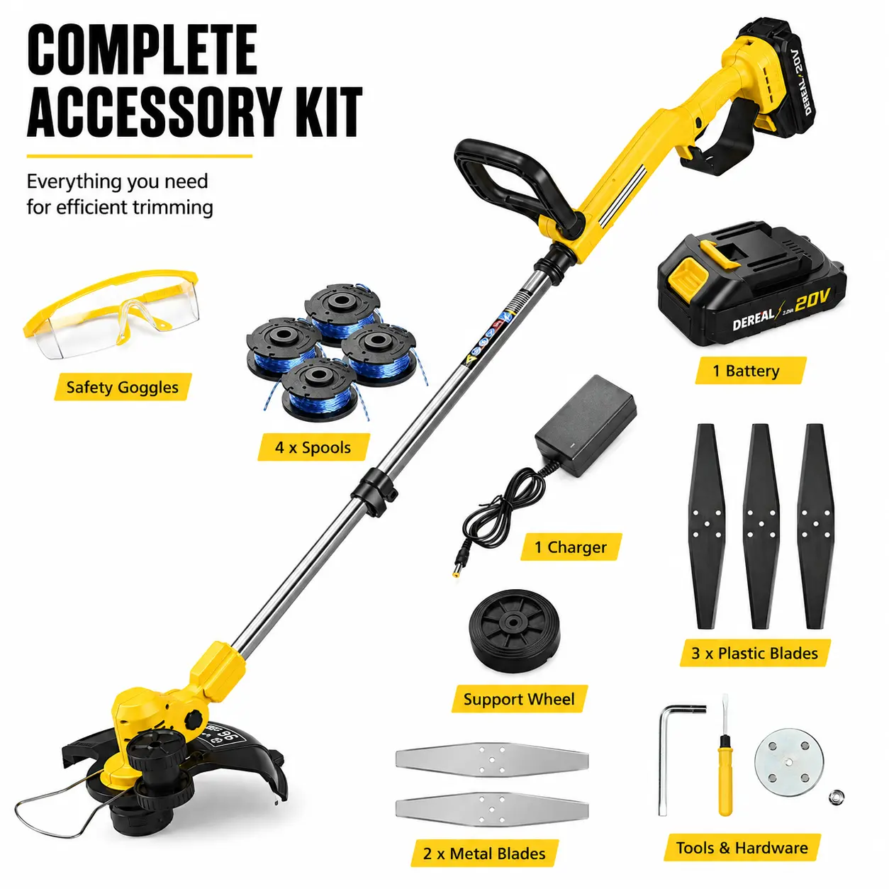 20V Cordless Grass Trimmer & Lawn Mower Kit - Includes Rechargeable Battery, Quick Charger, Lawn Mower Disc, Cutting Toolbox, and Handle