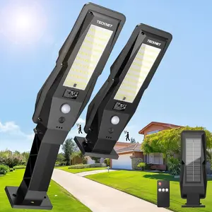Solar Street Lights Outdoor Waterproof - Dusk to Dawn Solar Powered Street Lights IP66, Pole & Wall, with Motion Sensor & Remote, 3 Work Mode, Security Light for Driveway, Yard, Garage, 2 Pack
