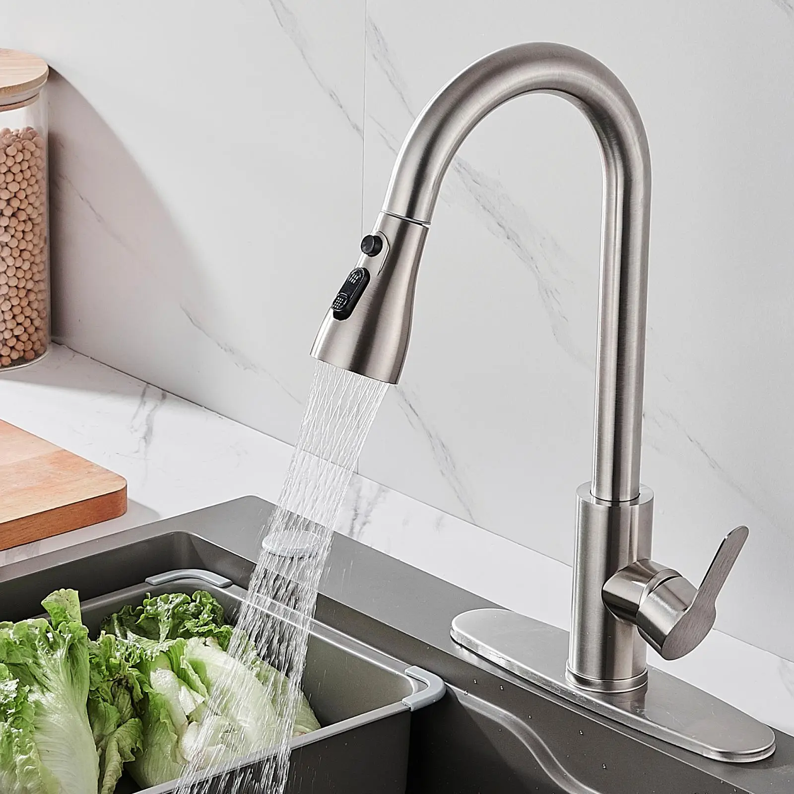Single Handle High Arc Pull-Out Kitchen Faucet, Single-Layer Stainless Steel Kitchen Sink Faucet With Pull-Down Nozzle, Suitable For Kitchen And Bathr