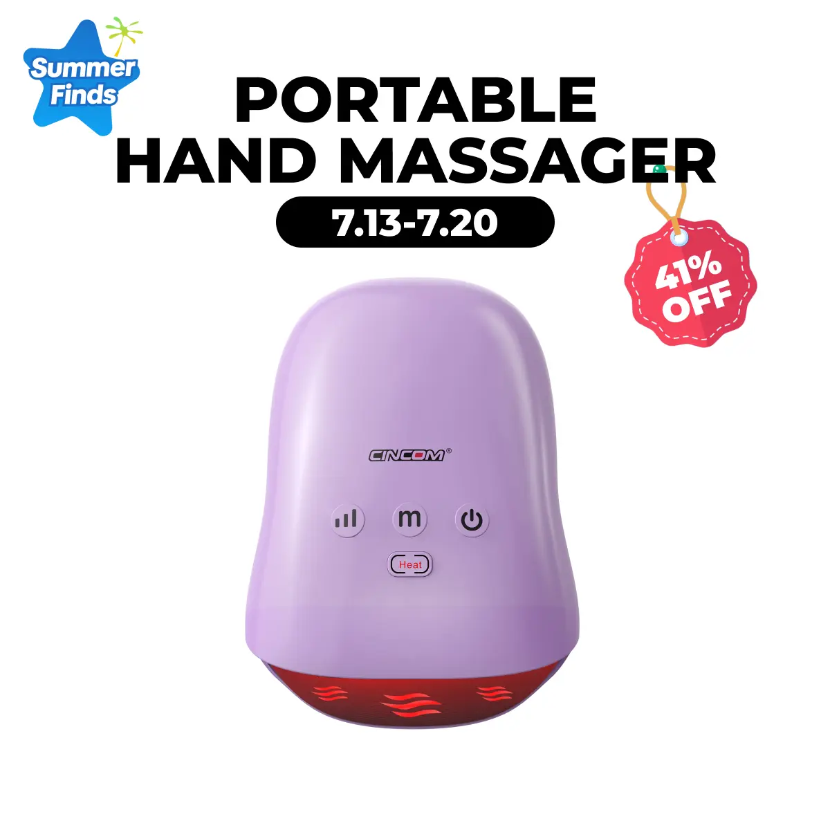 CINCOM Cordless Vibratory Hand Massager (Purple) - Portable Pain Relief, Multi-Mode Massage Device with Comfort Heat, Adjustable Settings, Auto-Off, Rechargeable, Ideal Choice for Gifts