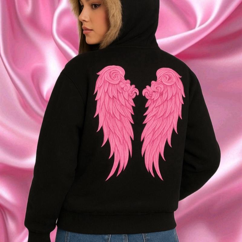 Angelbaby Pink Fluffy Jacket with Fur Hood and Embroidered Logo for Women