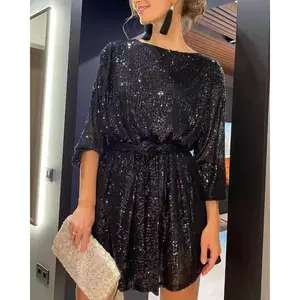 Women’s Sequined Wrap Dress V-Neck 3/4 Sleeve Dresses Sparkly Ruffle Hem Mini Clothes Glitter Clubwear Party Outfits
