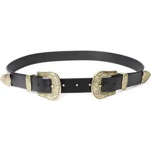 New Double Buckle Western Belts For Woman Cowgirl Country Belt Vintage Black Leather Belt For Jeans Pants Dresses