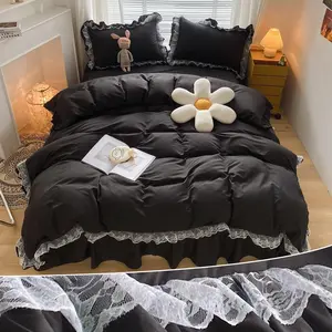 Chic Ruffle Lace Duvet Cover Set -Girl Black Bedding-3 Piece Queen Duvet Cover with Zipper Closure -Soft and Light Weight(Black, Queen)-NO Including Comforter
