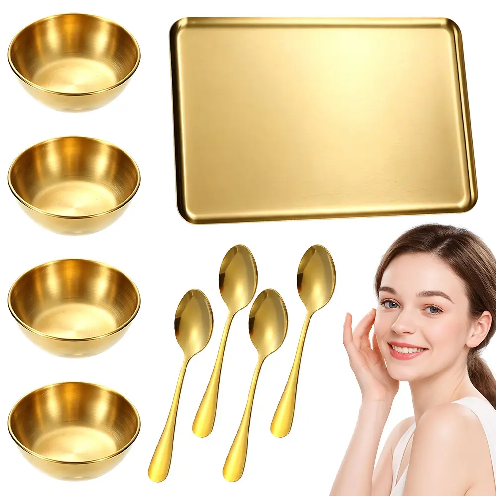 9 Pcs Esthetician Mixing Bowl and Spoon Set,Gold Stainless Steel Facial Mask Mixing Bowls with Tray,Professional Spa Salon Skincare Tools for Powder Room Bathroom,Halloween Christmas Party Gifts,Hand Tools Kits