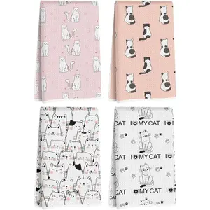4 Pcs Cat Towels, Decorative Absorbent Microfiber Dish Cloth Tea, Waffle Soft Hand Towels for Farmhouse Home, Cat Lover Gifts 2