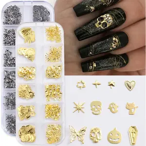 Metal Halloween Nail Charms for Nails Art 3D Gold Silver Skull Ghost Nail Charms Mixed Halloween Design Nail Decorations Pumpkin Nail Art Charms Nail Supplies for Women Acrylic Nails (2 Box)