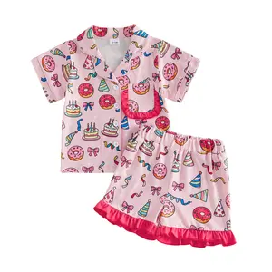 Afunbaby Girls Birthday Pajamas Set Short Sleeve Cake Print Tops and Shorts Set Toddler Sleepwear