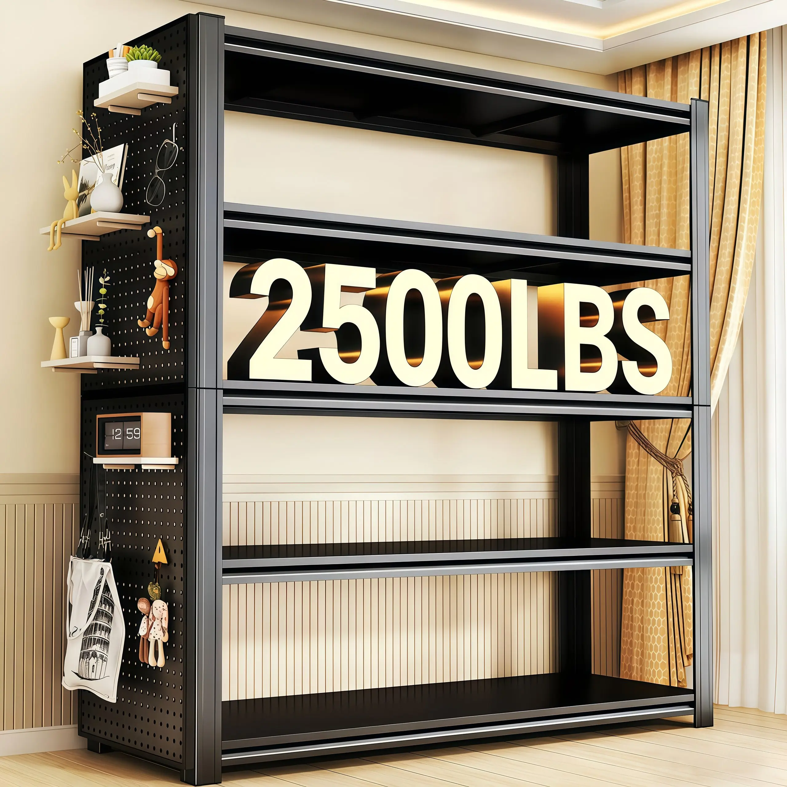 77.4"H Garage Shelving Unit, 5-Tier Heavy-Duty Shelving, 2,500-lb Garage Storage Racks, Industrial Shelving, Featuring Reinforced Double-Wall Uprights, Suitable for Garages, Warehouses, and Basements, Black
