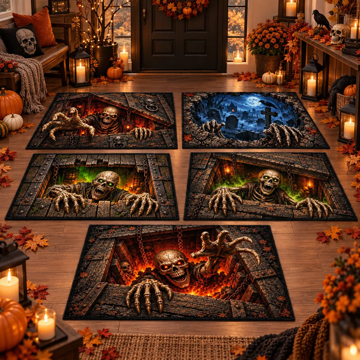 Spooky Skeleton Emerging From Trapdoor 3D Velvet Rug Large High Definition Print Scary Zombie Monster Mat Edgy Dark Fantasy Room Decor Halloween Carpet