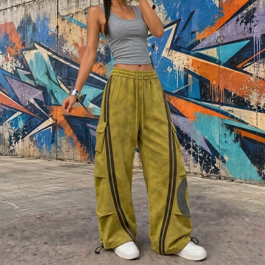 Ychief Lime Green Baggy Cargo Pants – Y2K Wide Leg Streetwear Pants with Black Side Stripes & Utility Pockets