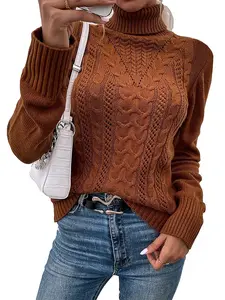 Women Casual Turtleneck Long Sleeve Sweater Cable Knit Pullover Solid Slim Fit Sweater Turtleneck Tops