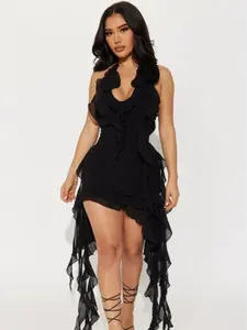 Ruffles and Roses Mini Dress - Black
