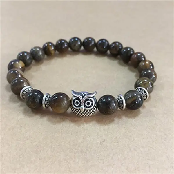 Unisex Owl Charm Energy Bracelet - Round Stone Beads, Tiger's Eye Accents, Volcanic Stone Silver or White Turquoise Silver, Individually Packed Single Natural Crystal Bracelet