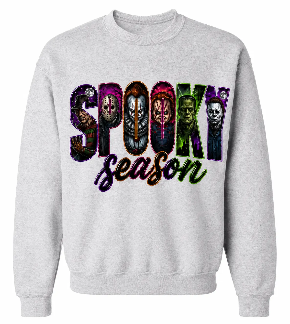 Horror Movie Graphic Sweatshirt for Women, Casual Spooky Season Polyester Blend Crewneck with Ribbed Cuffs, Everyday Fall Style, Cotton, Fit, Printed, Oversized, Pullover, Halloween, Soft, Hoodie
