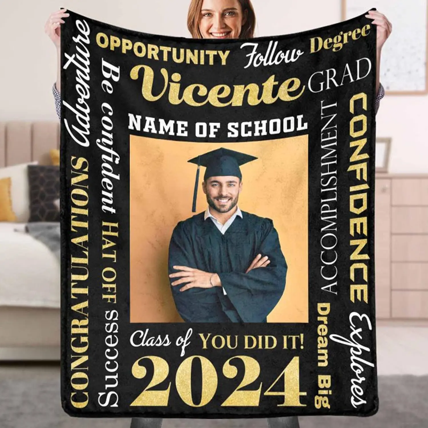Personalized Graduation Blanket with Photo Custom Class of 2024 Graduation Blankets Customized Flannel Throw Blanket Gifts for Graduation Birthday Friends A