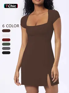 Women's Sporty Midi Dress, Yoga Athletic Dress, Long Sleeve Fitted Square Neck Split Design, Plain Pattern, Fall & Winter Casual Wear, Comfortable Daily