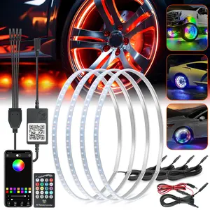 4PCS 15"/17" RGB LED Wheel Ring Lights Kit, Super Bright Double-Sided Rim Lights with APP & Remote Control, IP67 Waterproof  Tire Lights for Cars & Trucks Multicolor Controlled RGB Car Light neon light kit footwell