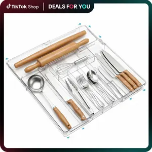 【Live Only】Vtopmart Expandable Silverware Organizer, Clear Plastic Food-Safe Cutlery Flatware Organizer, Kitchen Utensil Drawer Organizer, Adjustable Silverware Holder for Spoons Forks Knives, (6-9 Slots), DealsForYouDays (Mid Year Sale Restock), DFYD