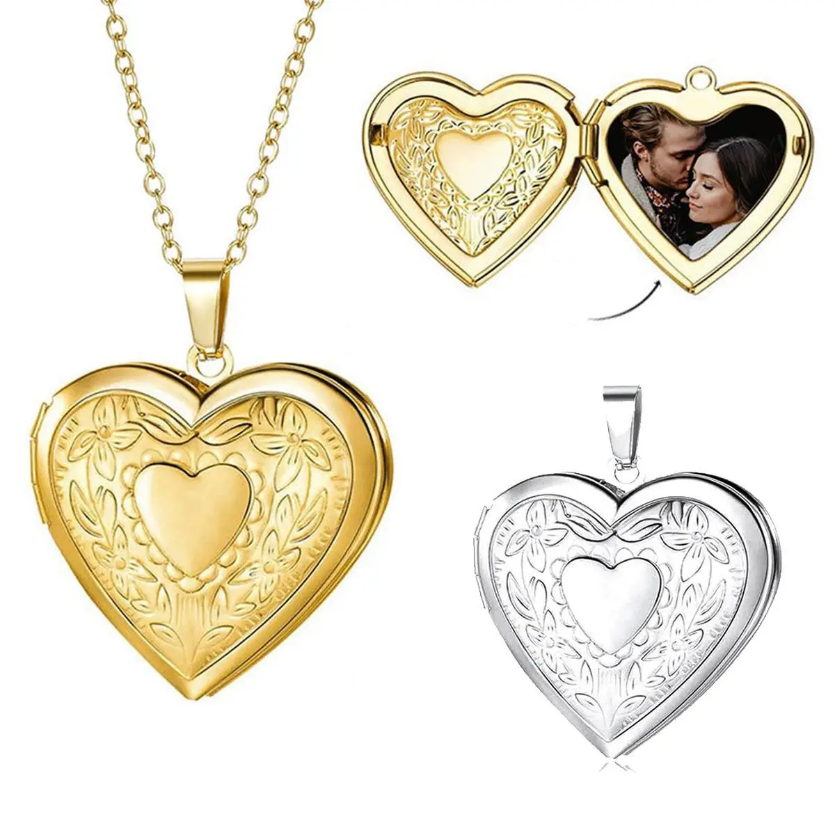 Openable Heart Shaped Photo Frame Photo Box Necklace Multifunctional Jewelry Stainless Steel Silver Golden Unisex Anniversary Gift
