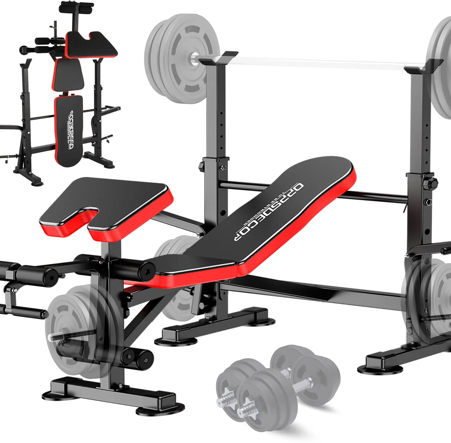 OPPSDECOR 6-in-1 Adjustable Lifting Bench Set - 900LBS Foldable Bench Press Rack with Leg Extension, Leg Curl, Preacher Curl, Home Exercise Equipment (Weights & Dumbbells Not Included), SummerWins,father'sdaygifts,bathingsuitwomenset