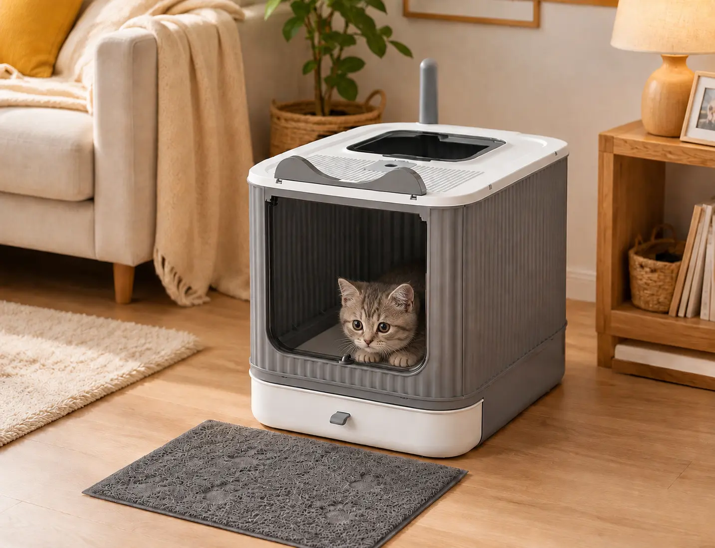 Foldable Fully Enclosed Cat Litter Box Enclosure - Litterbox with Top Entry, Pull-Out Tray, Odor Control, Anti-Tracking Mat, Compact Space-Saving Design, Spacious Interior, Easy-Clean for Indoor Cats