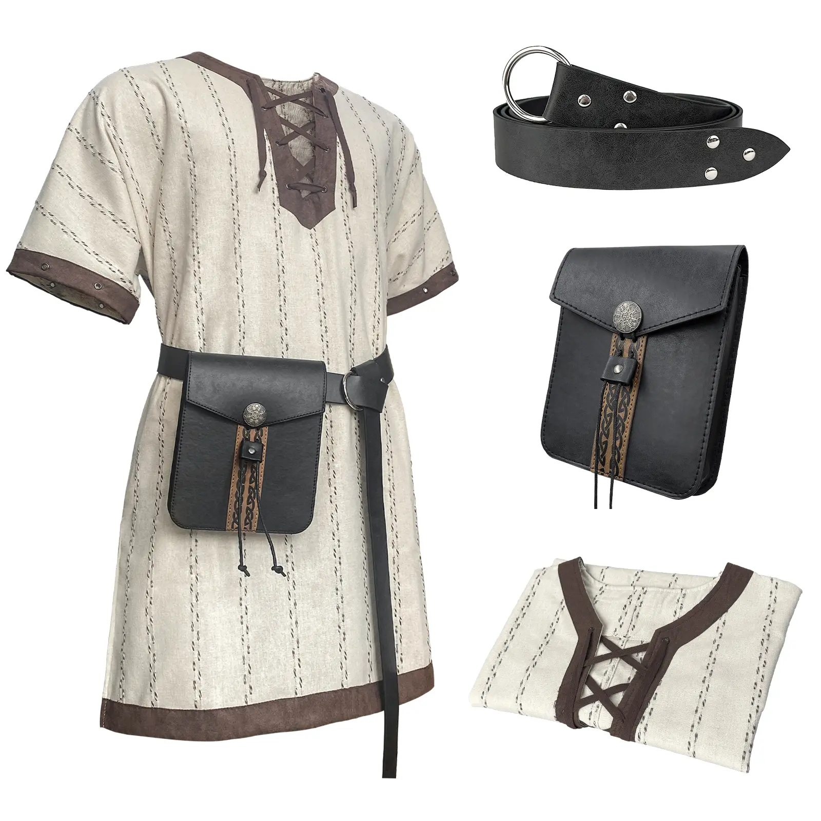 HiiFeuer Men's Medieval Striped Lace-Up Tunic - Relaxed Fit, Loose Cut Menswear with Vintage Belt, Bag, Polyester Fabric for Cosplay, Daily Wear