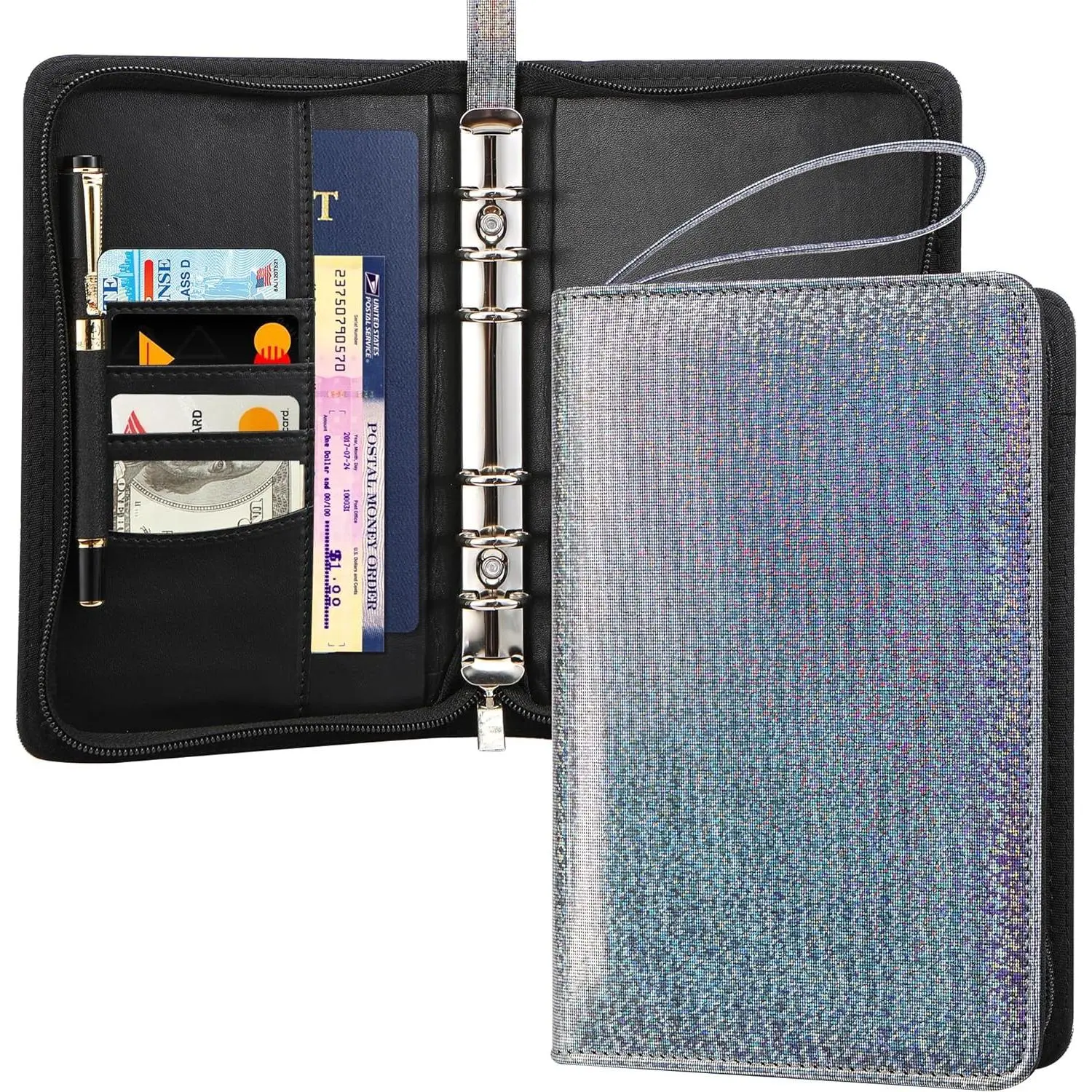 A6 Budget Binder with Zipper, 6 Ring Refillable Planner Binder Cover for A6  Budget System, PU Leather Personal Organizer Personal Wallet Binder, Glitter Black