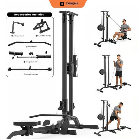 TOUSAINS Foldable Cable & Row Machine - 330lbs Load Home Workout Equipment, Compact Unisex Dual-Function Gym Training Gear with Lat Pulldown, Seated Low Row System, Dumbbell Clamps for At-Home Gym Exercise Work Out Needs, Gym Training Equipment
