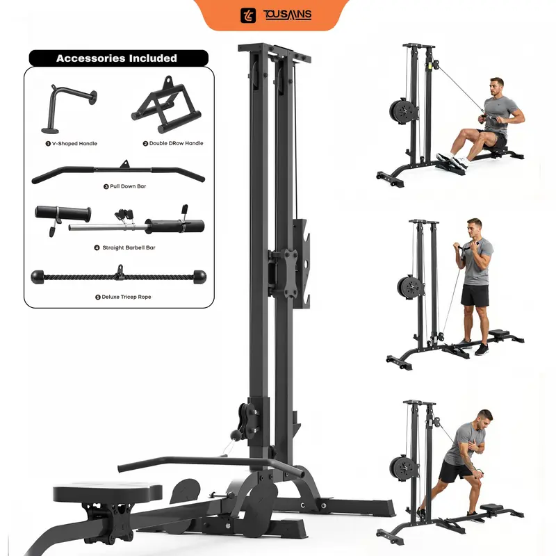 TOUSAINS Foldable Cable & Row Machine - 330lbs Load Home Workout Equipment, Compact Unisex Dual-Function Gym Training Gear with Lat Pulldown, Seated Low Row System, Dumbbell Clamps for At-Home Gym Exercise Work Out Needs, Gym Training Equipment