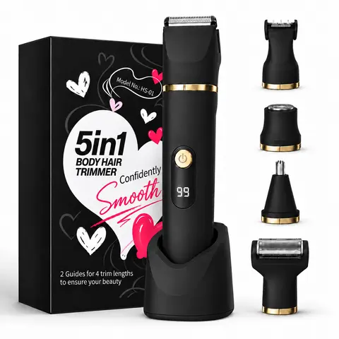 Skin Friendly Body Hair Trimmer - Electric Shaver with 5 Attachments, Replaceable Ceramic Blade, Rechargeable Battery, USB Charging, Waterproof Dry/Wet Use, Cordless Fast Safe Shaver for Men Women (Groin & Private Area Use, Hygienic Gift Option)