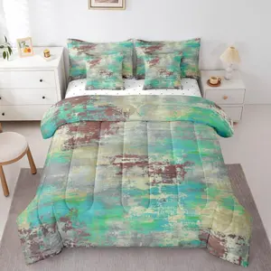 Watercolor Teal Comforter Set,7 Pcs,Modern Abstract Bedding Set for Kids Teens Bedroom,Ombre Gradient Reversible Bed in A Bag,Contemporary Aesthetic Bed Sheets (Teal Brown,)