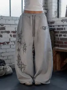 Women's Drawstring Adjustable Pants with Elastic Waistband, Fit, Cross & Star Print, Unique Street Style Casual All-Season Bottoms, Comfortable Daily Wear, Casual Streetwear Trousers