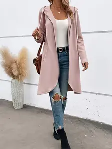 Women's Fashion Zipper Drawstring Hooded Jacket, Long Casual Outerwear for Outdoor Use, Stylish Ladies' Coat