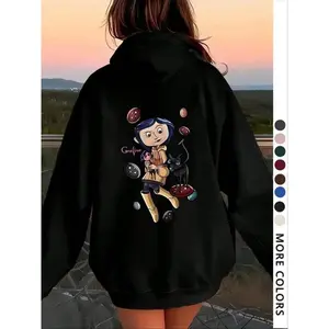 Women's Cartoon Cat Graphic Print Thermal Lined Hoodie, Casual Long Sleeve Hooded Sweatshirt for Spring & Fall, Fashion Women's Clothes for Daily Wear