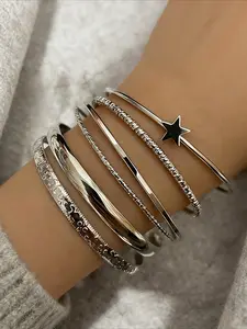 Women's Star Shape Open Stackable Bracelet Set, Retro Silver Color Jewelry Gift, Fashionable Daily Party Accessories, Pack of 6 Pieces