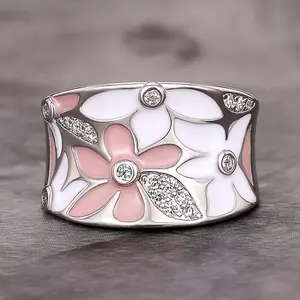 Floral Micro-Pavé Zirconia Engagement Ring - 14mm Wide Enamel Design Statement Index Finger Ring
