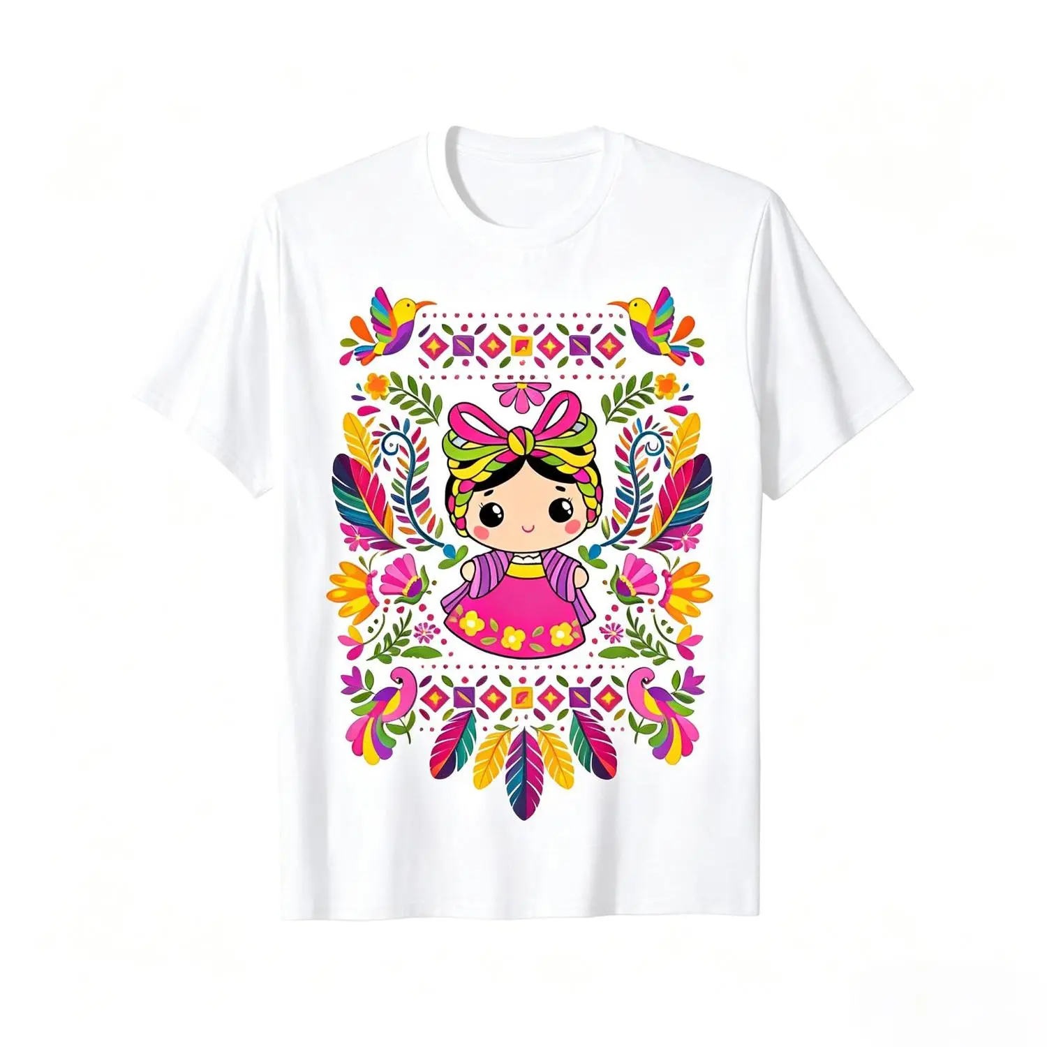 Otomi Mexican Doll Feather Shirt White Tee Vibrant Colors Cute Cultural Casual Outfit