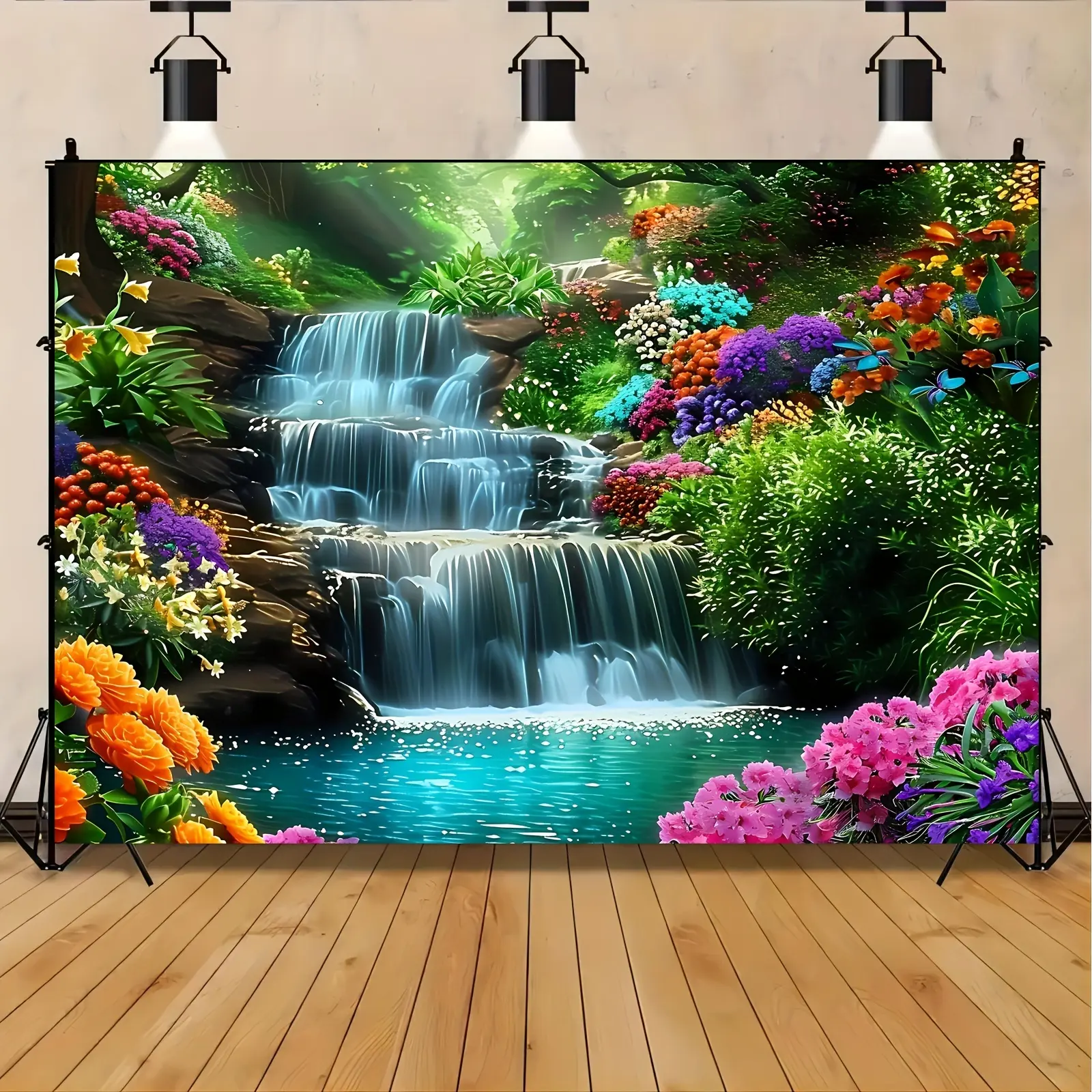 Polyester Nature Landscape Waterfall Backdrop Picture with Vibrant Flowers Curtain Backdrop for Photography, Party Decoration, Home Supplies,summerwins