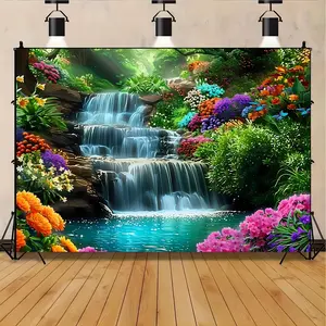 Nature Scene Waterfall Backdrop: Vibrant Flowers, Polyester Photography, Suitable for Parties, Home Decor, and More